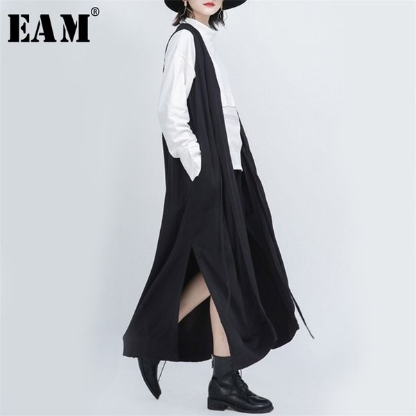 

[eam] women loose fit black vent split joint temperament vest new v-collar sleeveless fashion tide spring autumn 1s559 201031, Black;white