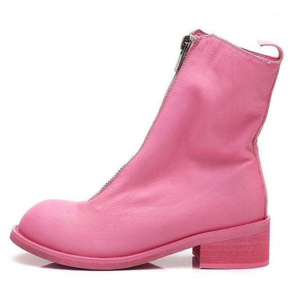 

brand pink motorcycle boots women vintage zip thick heel ankle boots genuine leather cowhide high-shoes street runway1, Black