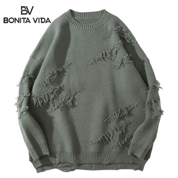 

men's sweaters bonita vida hip hop streetwear knitted sweater men vintage retro plain ripped pullover harajuku casual loose, White;black