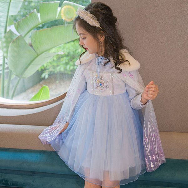 

plush 2020 girls' new autumn and winter drs long sve medium sized children's gauze skirt princs with cape, Red;yellow