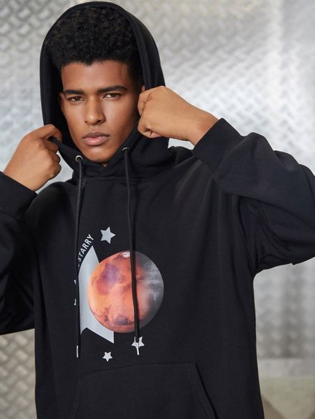 

men letter & star print drawstring drop shoulder hoodie 44vu#, Black