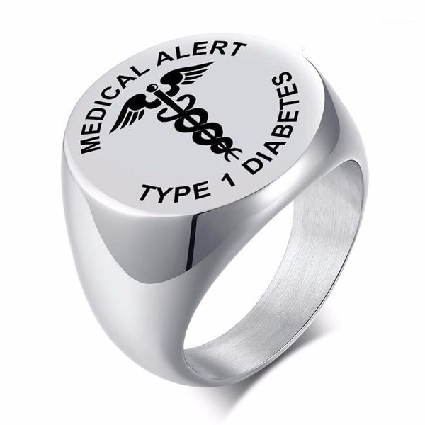 

alert signet ring for men type 1 diabetes id emergency diabetic 2 ring stainless steel jewelry1, Golden;silver