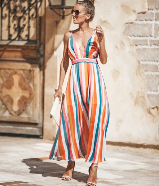 

2021 new bohemian summer women casual raiow stripes boho robe femme v-neck cross backless beach maxi ovpw, Black;gray
