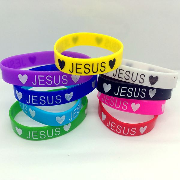 

100pcs/lot jesus womens heart mens silicone wristband elastic bracelet friendship cuff 9 colors party gift jewelry, Black