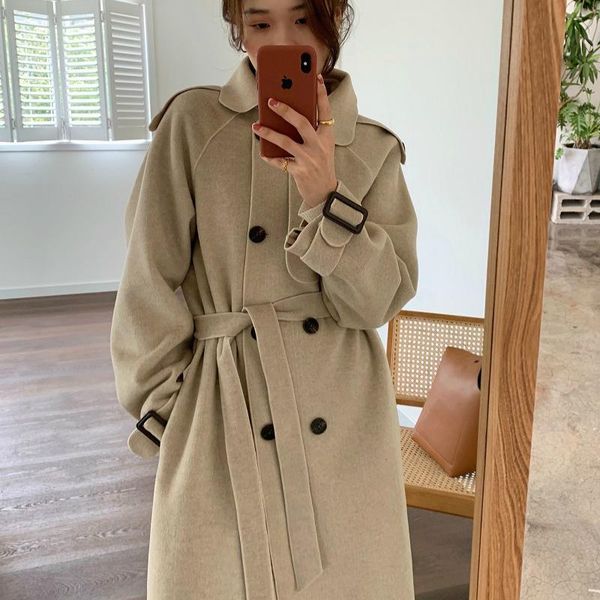 

women's wool & blends women winter black long slim coat jacket belt vintage elegant woolen overcoat double breasted cardigan cloak