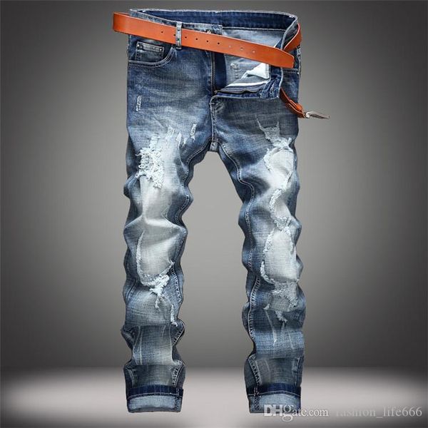 

2020 spring new men's jeans, ripped style luxury jeans denim trousers, slim casual straight leg pants motorcycle jeans designer jeans, Blue