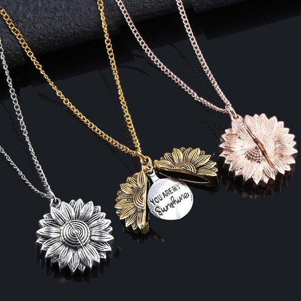 

vintage sunflower necklace you are my sunshine locket open can custom letter pendant necklace women jewelry dropshipping, Silver