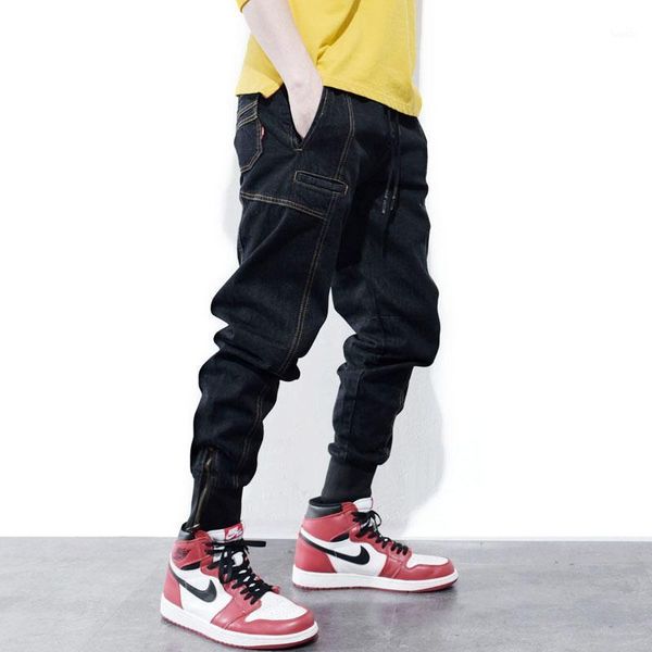 

fashion streetwear men jeans harem trousers zipper bottom multi pockets denim cargo pants hombre slim hip hop joggers jeans men1, Blue