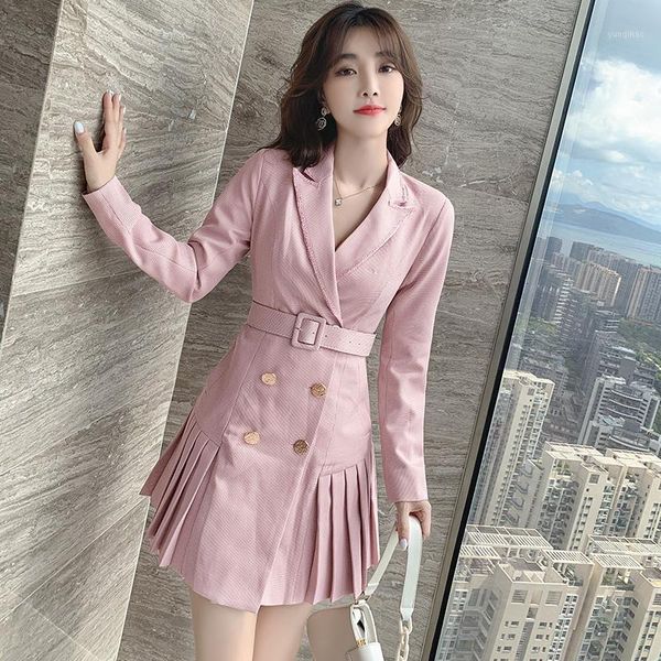 

new autumn elegant fashion women dress lapel double breasted sweet plaid pink dresses female slimming mini pleated dress mujer1, Black;gray