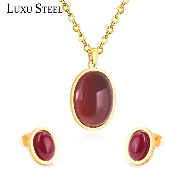

luxusteel red round pendants necklace earring sets 316l stainless steel pendant necklace for women/girl party bijoux 2021, Silver