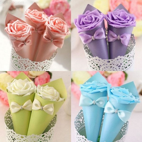 

paper cone shape candy box chocolate container favor holder boxes with rose flowers bowknot candies wedding party gift