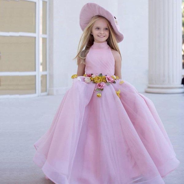 

chic pink little girls prom dresses high neck sleeveless hand made flower kids first communion dress toddler party gowns, Red;yellow