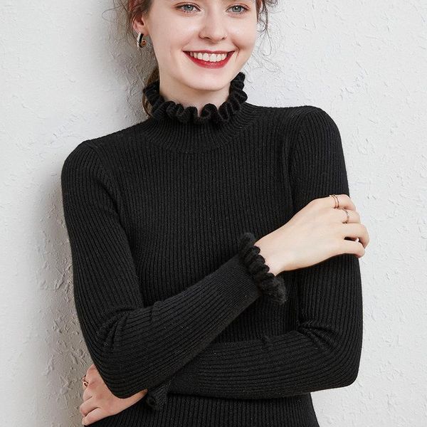 

2020 autumn and winter new wood ear collar solid color knitted sweater women1, White;black