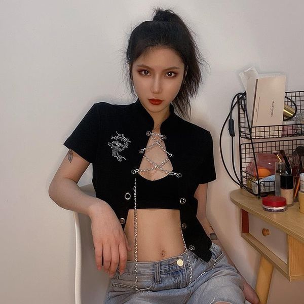 

summer chain criss cross crop short sleeve stand collar slim gothic open stitch black tee shirts harajuku cardigans, White