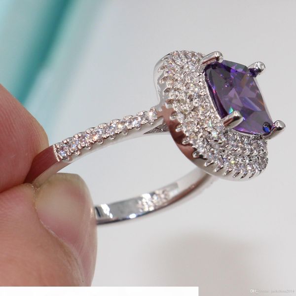 

fashion jewelry nice emerald cut 8mm amethyst diamonique 925 sterling silver filled for women engagement wedding ring size 5-11 gift, Slivery;golden