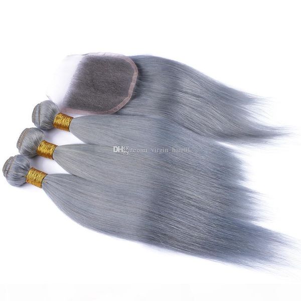 

unprocess grey hair straight hair bundles with lace closure gray peruvian virgin hair lace closure with bunldes silk straight 4*4 closure, Black;brown