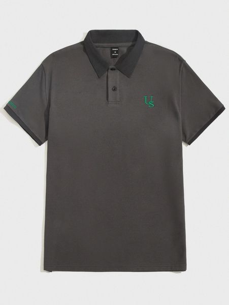 

men letter embroidery contrast collar polo shirt e2fc#, White;black