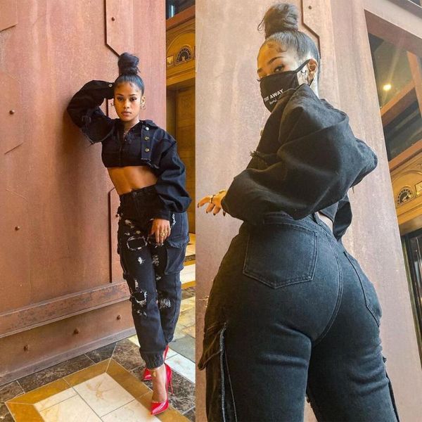 

street style women jeans high waist button hollow out ankle banded casual pants autumn wear for party with real pictures, Black;white