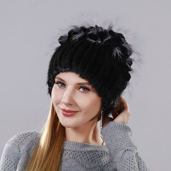 

woman's winter knitting real vertical mink weaving hat selling rabbit blend with fox skin cover like corn ear, Blue;gray