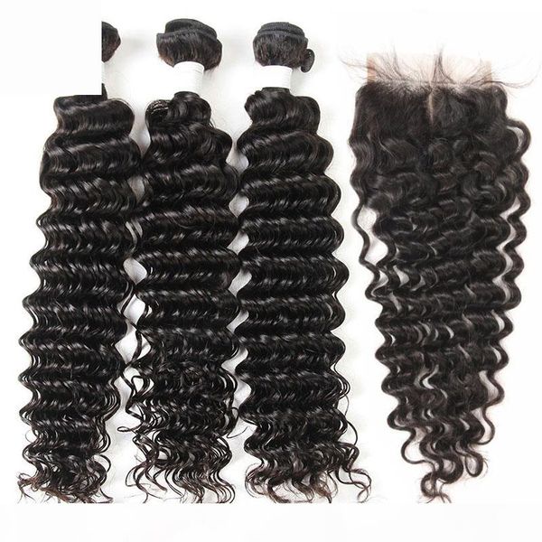 

mongolian deep wave curly virgin human hair weaves 3 bundles with lace closure unprocessed remy hair extensions natural color 1b double weft, Black