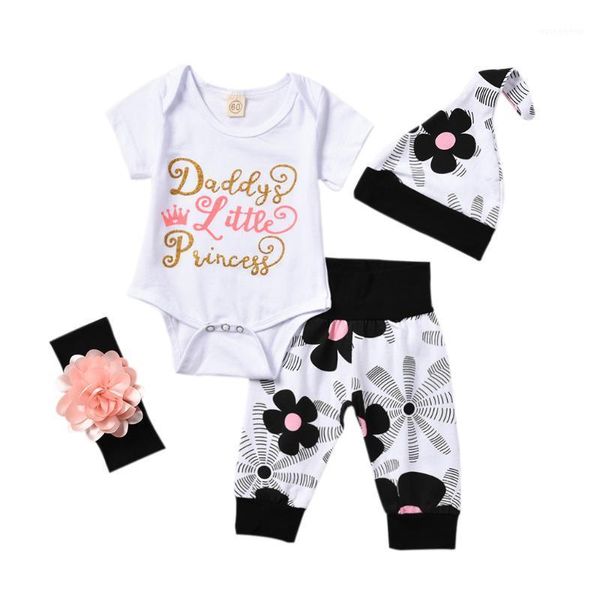 

clothing sets 4pcs kid romper baby girl floral pants headband outfits set born clothes1, White