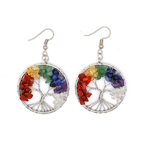 

multi color hollow round shape tree dangle earrings arete colorful crystal natural stone tree of life drop earrings, Golden