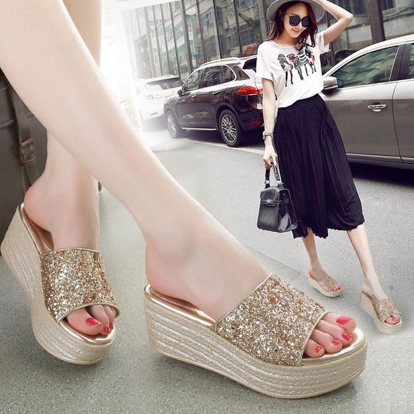 

sandals sequins women shoes ladies slippers female summer outdoor beach plus size 40 leather woman pantufa, Black