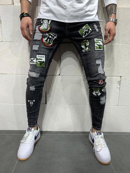 

men's jeans 2 styles men stretchy ripped skinny biker embroidery print destroyed hole taped slim fit denim scratched jean, Blue