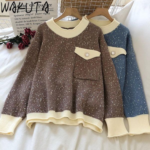 

women's sweaters wakuta students contrast color dot chic jumper 2021 autumn winter fashion cute loose o-neck pocket full teens pullover, White;black