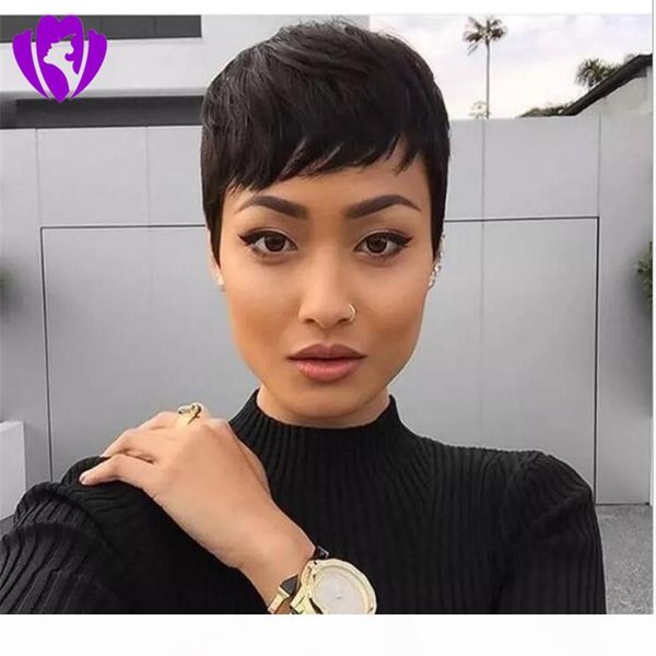 

short pixie brazilian human hair wigs glueless full lace lace front cut human hair wigs for black women, Black;brown