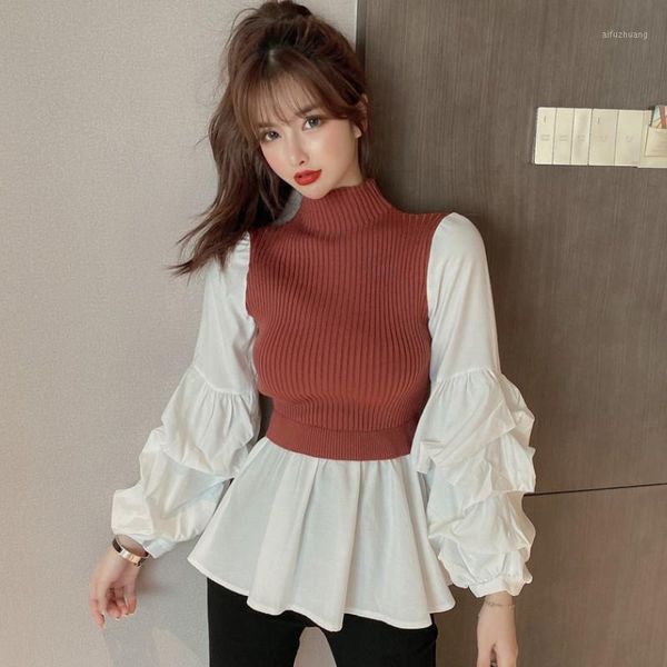 

new autumn women's knit patchwork fake two-piece casual slim fit lantern sleeve shirt tight turtleneck pullovers sweater 1, White