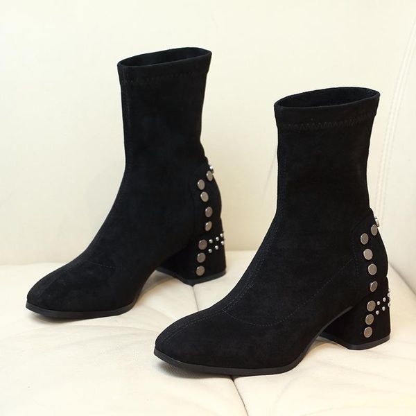 

boots fashion black casual women spring autumn flock leather shoes woman party ankle square high heels h0145