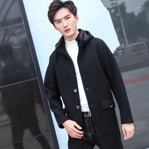 

woolen overcoat zipper style 2020 new style fashionable man woolen overcoat man's long hooded wool youth 48-581, Black