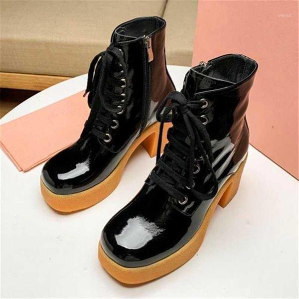 

boots cow patent leather motorcycle splice short thick high heel lace-up metal decoration women shoes1, Black