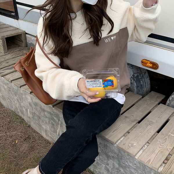 

huang zheng] polar fleece contrast stitching plush sweater women's 2020 winter korean casual loose w79925, Black