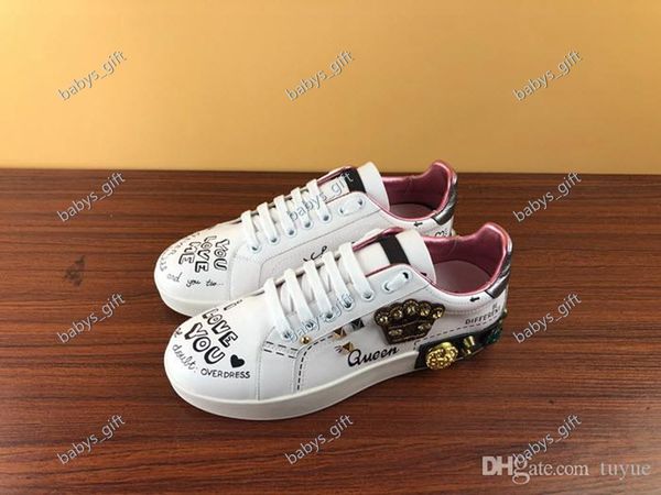 

fashion designer casual printed portofin patch embroidery shoes leather rubber sole sneakers for men women size 34-45, Black