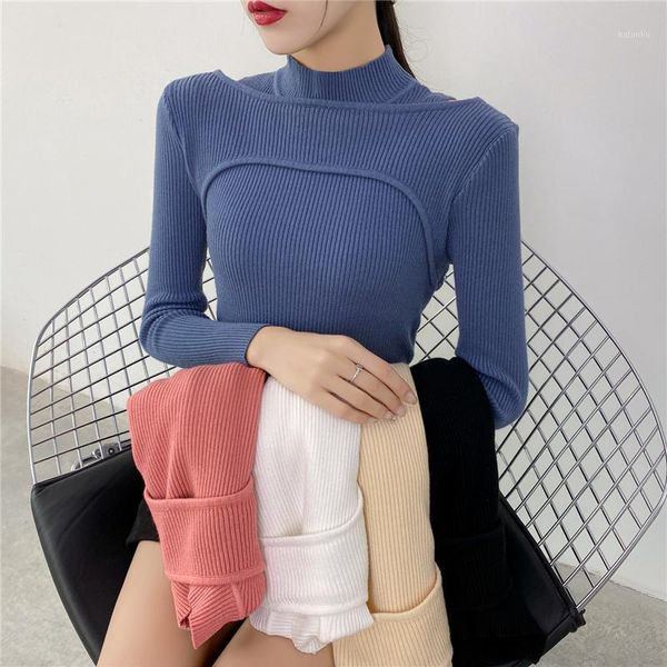 

women's sweaters 2021 winter thick sweater women knitted ribbed pullover fake 2 pieces spliced mock neck slim jumper soft warm pull fem, White;black
