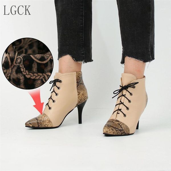 

boots plus size 34-48 women shoes color mixing pointed toe high heel pumps office ankle lace-up dress fashion booties footwear1, Black