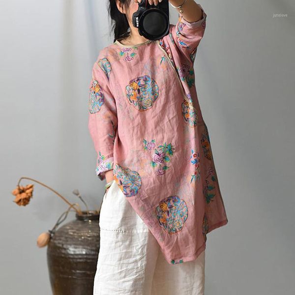 

johnature 2020 autumn new vintage print floral shirts for women ramie o-neck long sleeve blouses loose female long shirts 1, White