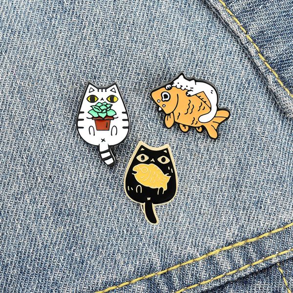 Broches Pin Cartoon Cat Fish Cute Cartoon For Women Funny Fashion Dress Coat Shirt Demin Metal Badges Pin Backpack Gift Jóias Atacado