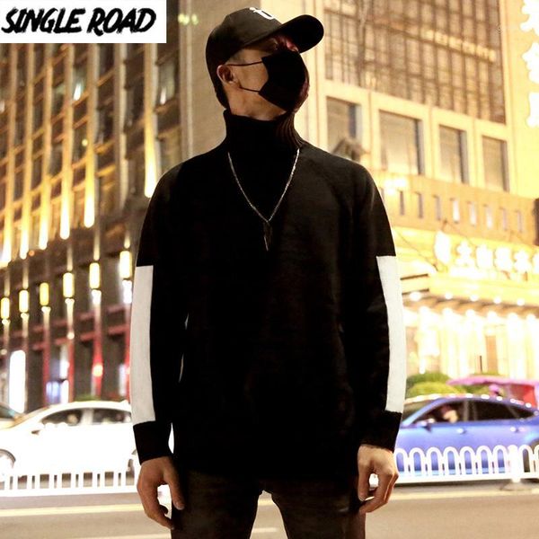 

singleroad mens turtlenecks sweater men 2020 winter patchwork hip hop harajuku korean turtleneck black knitted slim sweaters men1, White;black