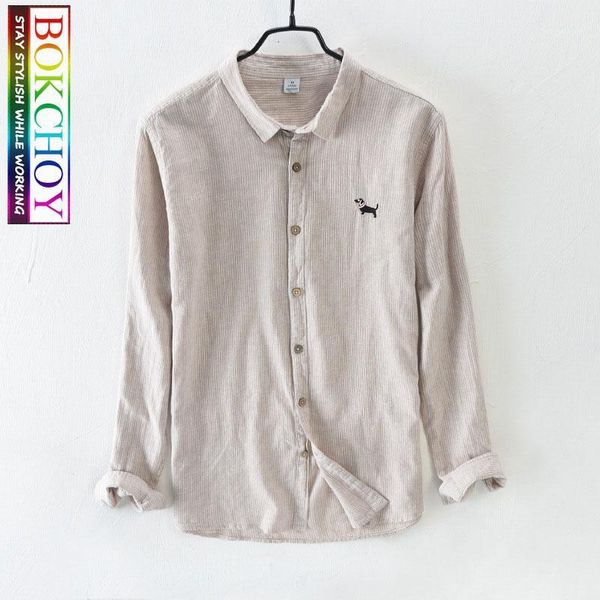 

men's casual shirts vintage men cotton and linen long-sleeved shirt spring autumn 2021 style stripe embroidered cute dog1, White;black