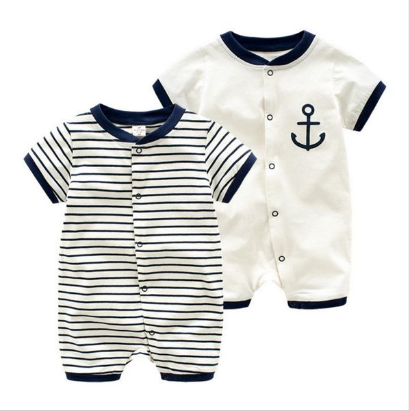 

summer new style short sleeved girls baby romper cotton newborn body suit baby pajama boys white striped navy shape rompers 201027, Blue