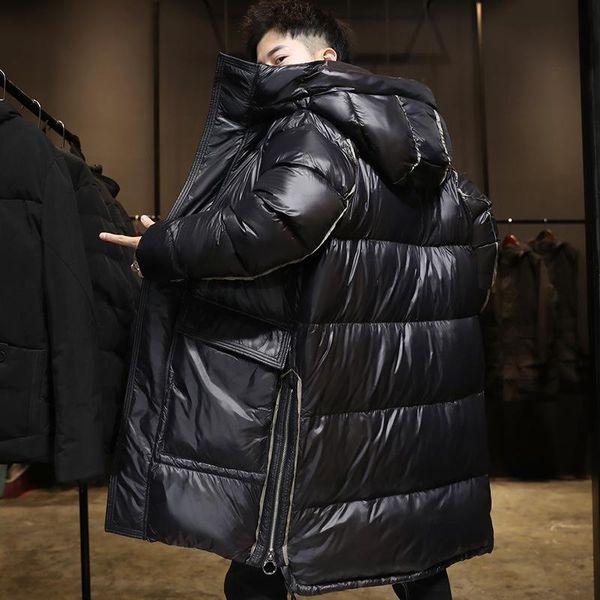

down jacket mens long type hooded thickened male winter new trendy youth glossy 90% white duck down coat, Black