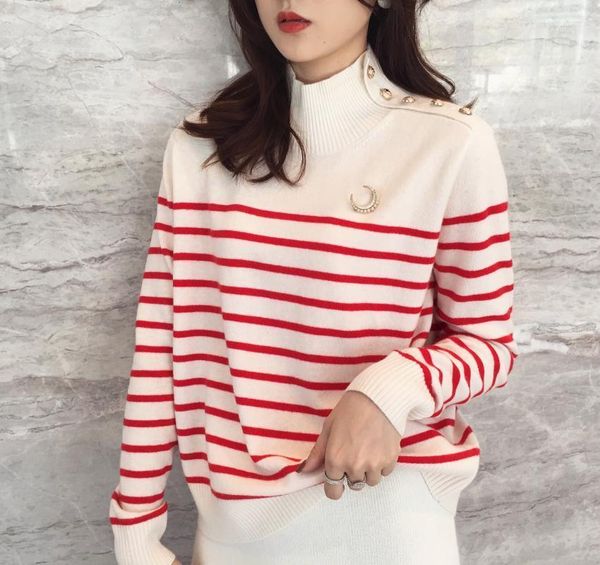 

women sweater 2019 autumn and winter new high collar lady striped pullovers button striped sweater1, White;black