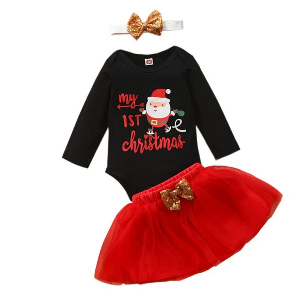 

xmas baby wear clothing set long sleeve romper bow skirt headband 3 pcs fashion infant girl my 1st christmas santa outfit clothes lababy88, White