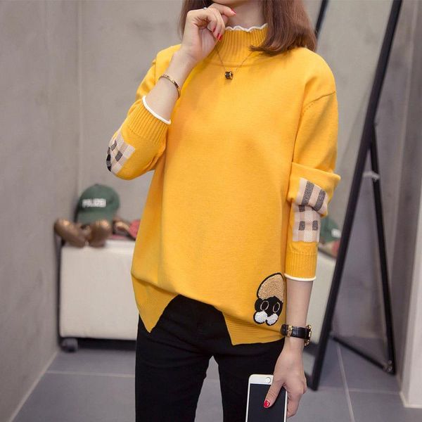 

womens turtleneck sweaters autumn new casual korean style applique pattern long sleeve loose plus size knitting pullovers, White;black