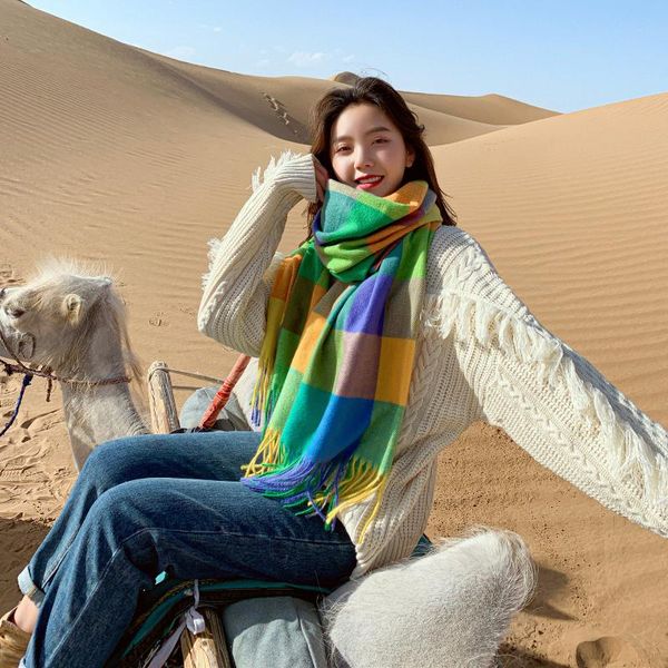 

scarves scarf women autumn/winter color plaid imitation cashmere turban shawl dual-use knitted bib to keep warm scarfs for ladies, Blue;gray