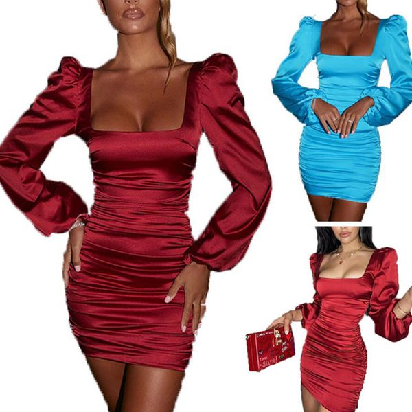 

new square collar dresses satin puff sleeve ruched dress for women ladies party elgant dreess backless zip vestidos, Black;gray