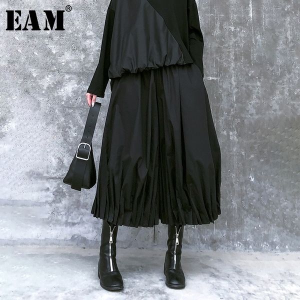 

[eam] high elastic waist black pleated split wide leg trousers new loose fit pants women fashion tide spring autumn 1r456 201031, Black;white